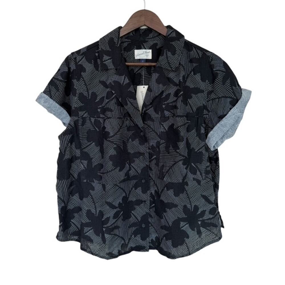 Universal Thread Gray and Black Floral Linen Blend Button Up - Medium - NWT